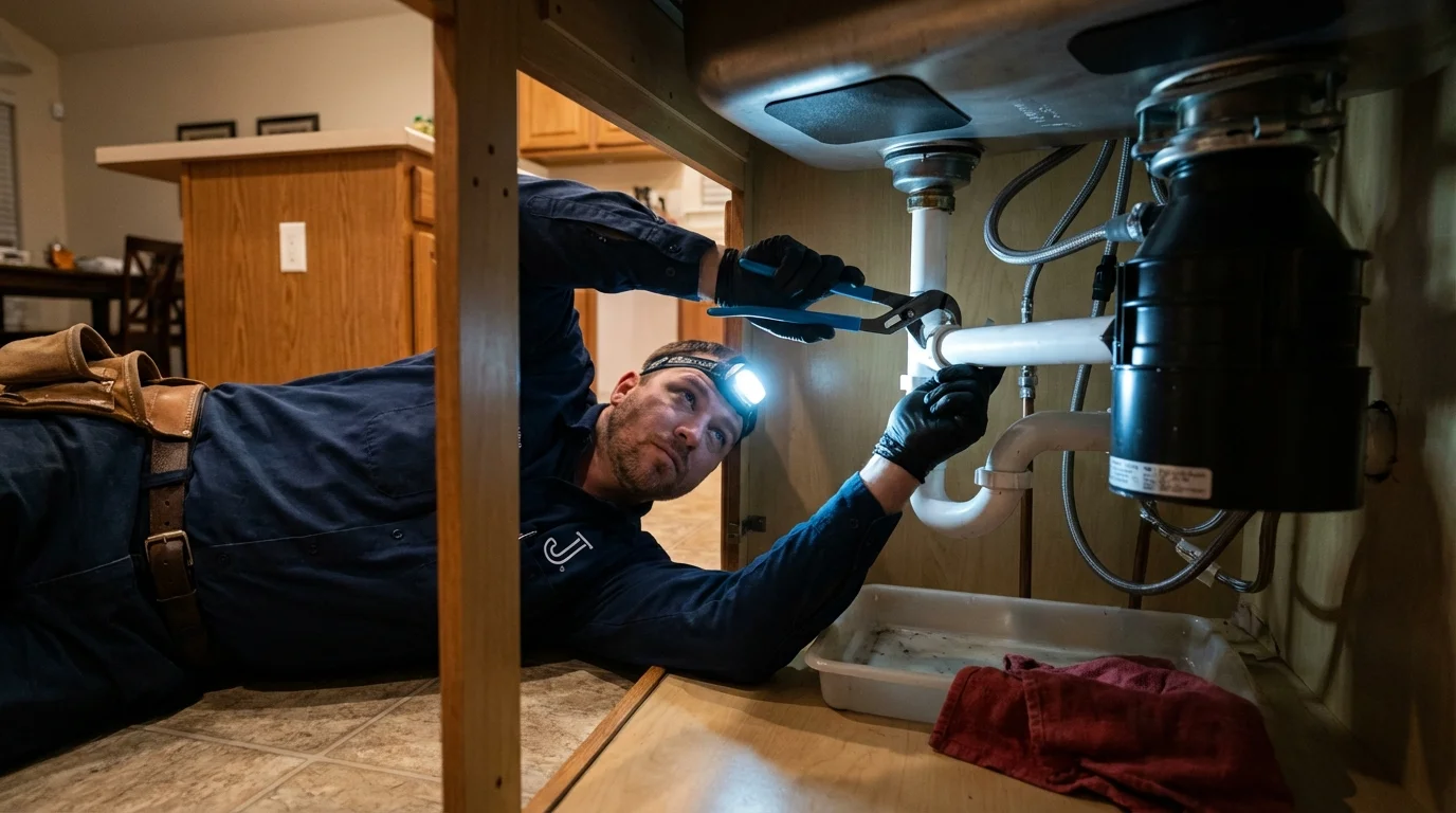 P-trap and supply line connections under a kitchen sink showing a common leak point in Georgetown, CA